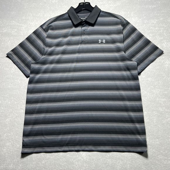 Under Armour Shirt Mens Size Large Gray Striped Short Sleeve Polo Shirt Collared - Picture 2 of 15